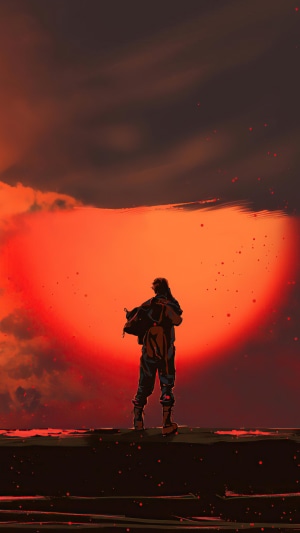 Person standing in front of a large red sun