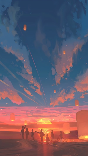 People releasing lanterns at sunset