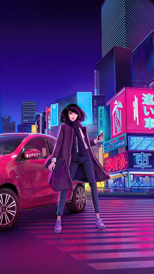 Girl in a purple coat in a neon city