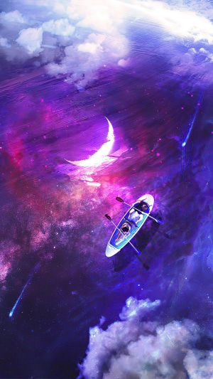 A boat with two people sailing through a starry sky with a crescent moon