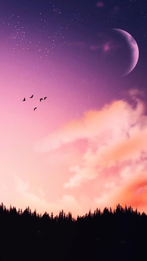 Digital art of birds flying in a purple and pink sky