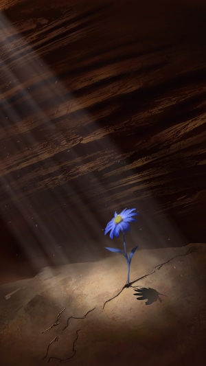 Blue flower growing in dark earth with light rays