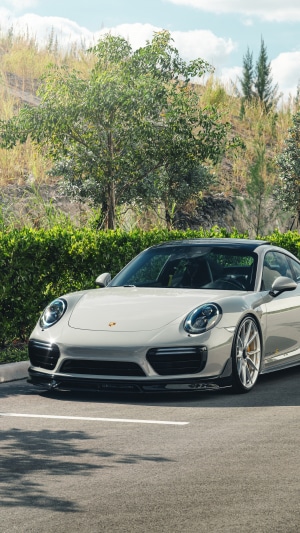 White Porsche 911 parked near a hedge
