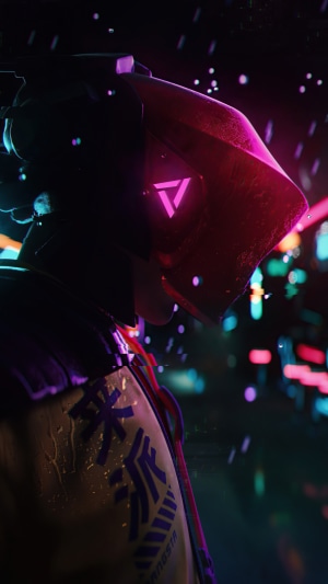 Cyberpunk warrior in the rain with neon lights
