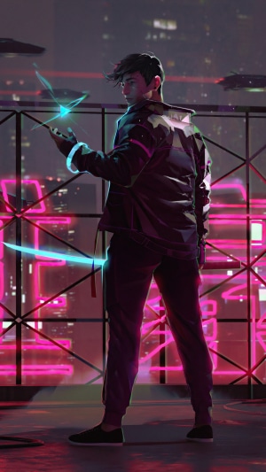 Cyberpunk man with glowing sword and futuristic city