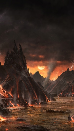 Digital artwork of a hellish volcanic landscape