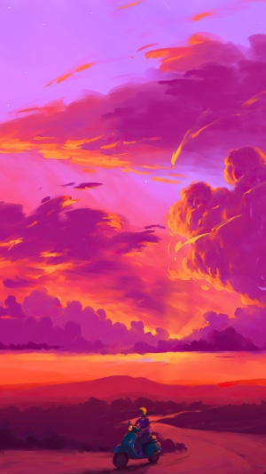 Digital art of a person on a scooter at sunset