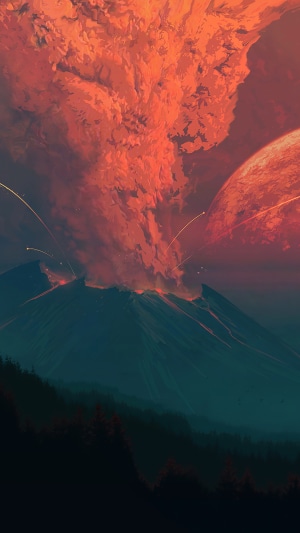 Volcano eruption with planet in the sky