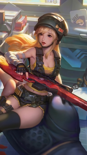 Girl with sniper rifle in military outfit