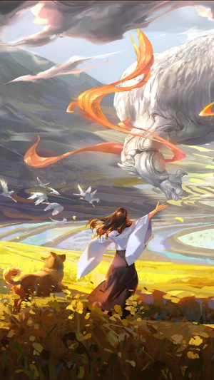 Girl and dog in a field with a mythical creature