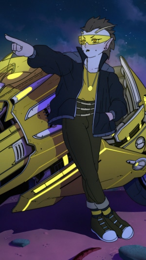 Sci-fi character with yellow motorcycle