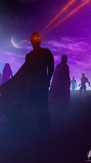 Justice League superheroes silhouetted against a purple sky