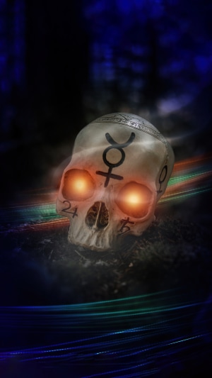 Skull with occult symbols and glowing eyes