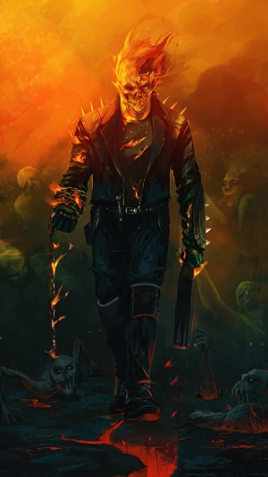 Ghost Rider walking through hell with demons