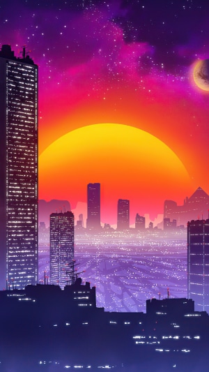 Retrowave city skyline at sunset with a large sun and planet
