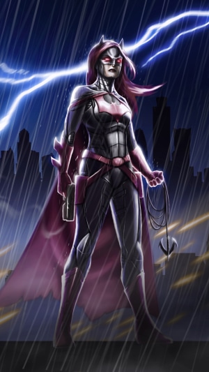 Batwoman in a dark city during a thunderstorm