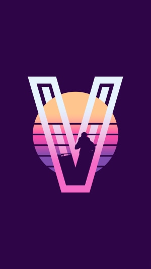 V logo with DJ silhouette and retro sunset