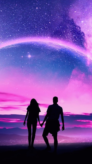 Couple Holding Hands Under Synthwave Sky