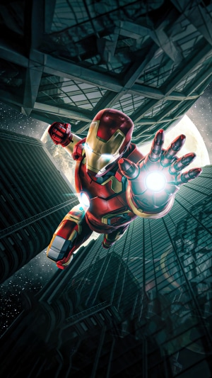 Iron Man flying through a city at night