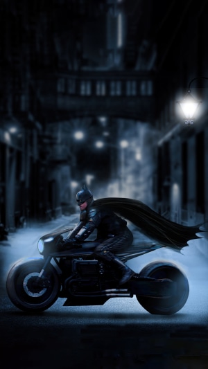 Batman on Batcycle in Gotham City