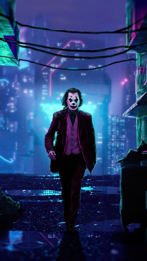 Joker walking in a neon city at night