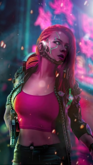 Cyberpunk woman with cybernetic implants and gun
