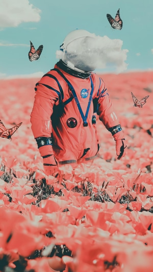 Astronaut in a field of flowers with butterflies