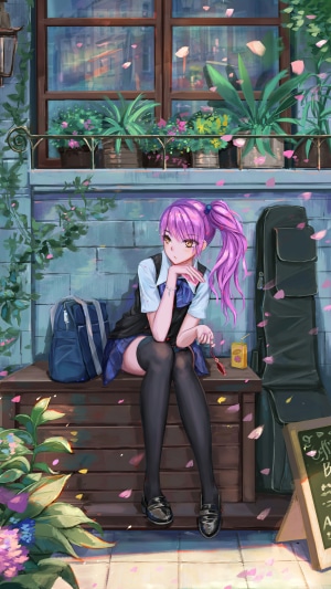 Anime girl with purple hair sitting on a bench