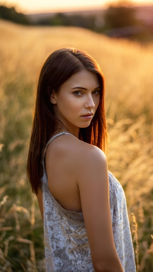 Woman in a field at sunset