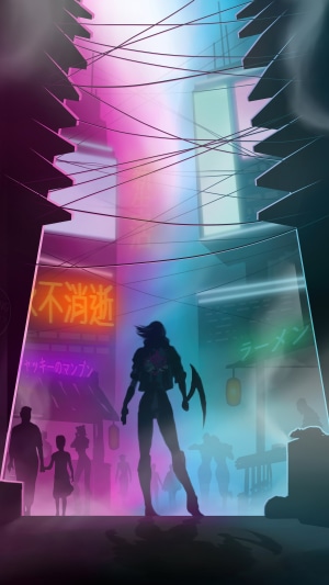 Cyberpunk 2077 street scene with neon signs
