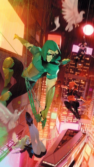 Green Arrow and allies in a rainy city