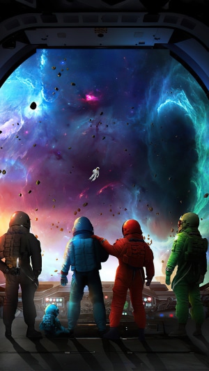Among Us astronauts looking at a colorful nebula