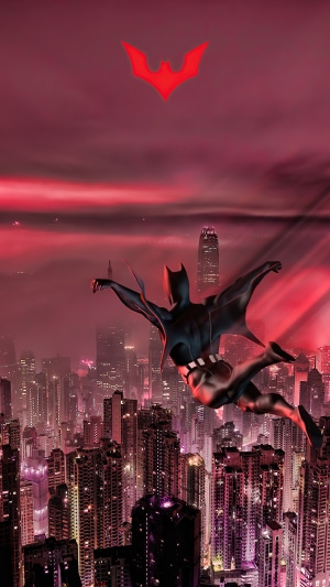 Batman Beyond flying over a city at night