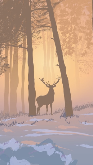 Minimalist digital art of a deer in a foggy forest