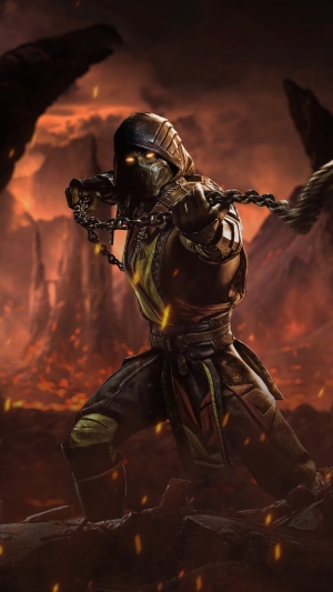Scorpion from Mortal Kombat in a fiery landscape