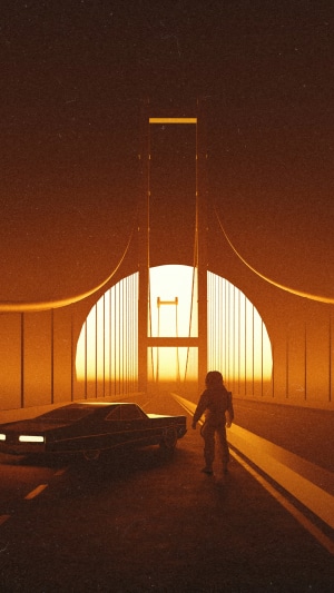 Astronaut walking on a bridge with a car