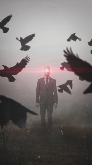 Man with glowing eyes surrounded by birds