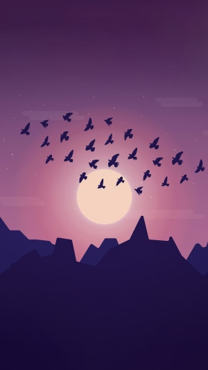 Minimalist flock of birds flying over mountains at sunset 4K