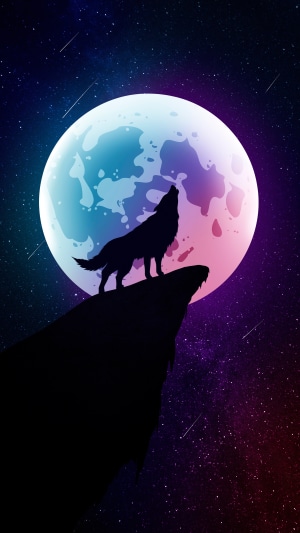 Minimalist wolf howling at a colorful moon in space