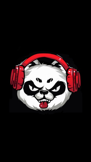 Panda with red headphones and angry expression