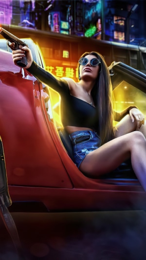 Woman with gun in cyberpunk city