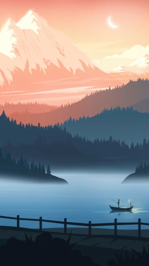 Minimalist landscape with mountains, lake, and boat