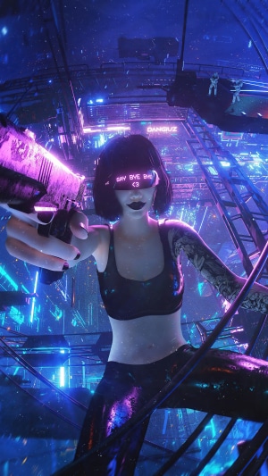 Cyberpunk woman with gun in neon city