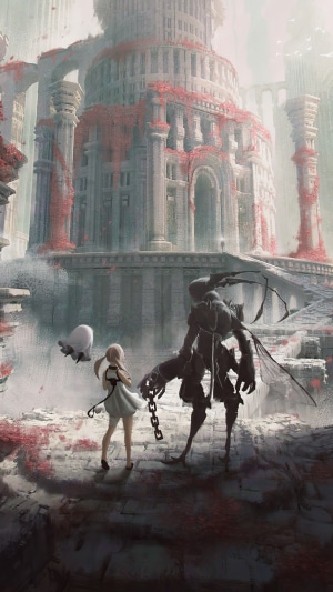 Girl and creature in front of ancient ruins in Nier Reincarnation