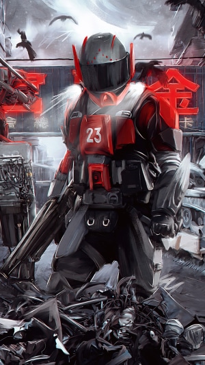 Sci-fi robot with number 23 on chest in ruined city