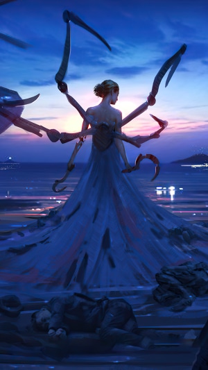 Woman with mechanical arms by the sea at sunset