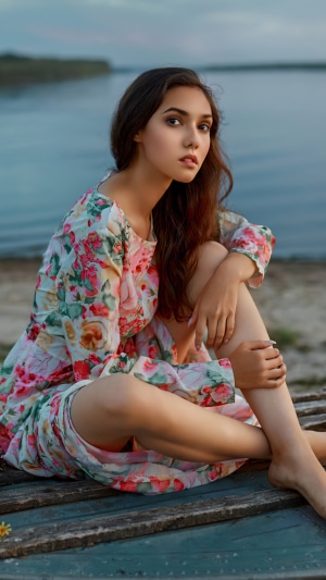 Girl in floral dress by the lake