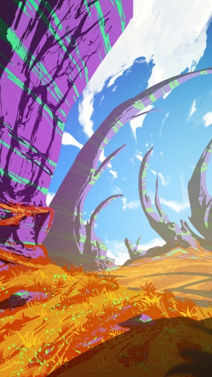 Alien landscape with purple and green rock formations