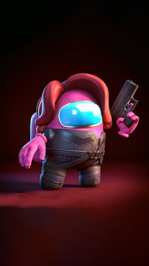 Pink Among Us character as Black Widow with gun