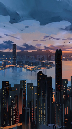 Digital art of Hong Kong cityscape at dusk
